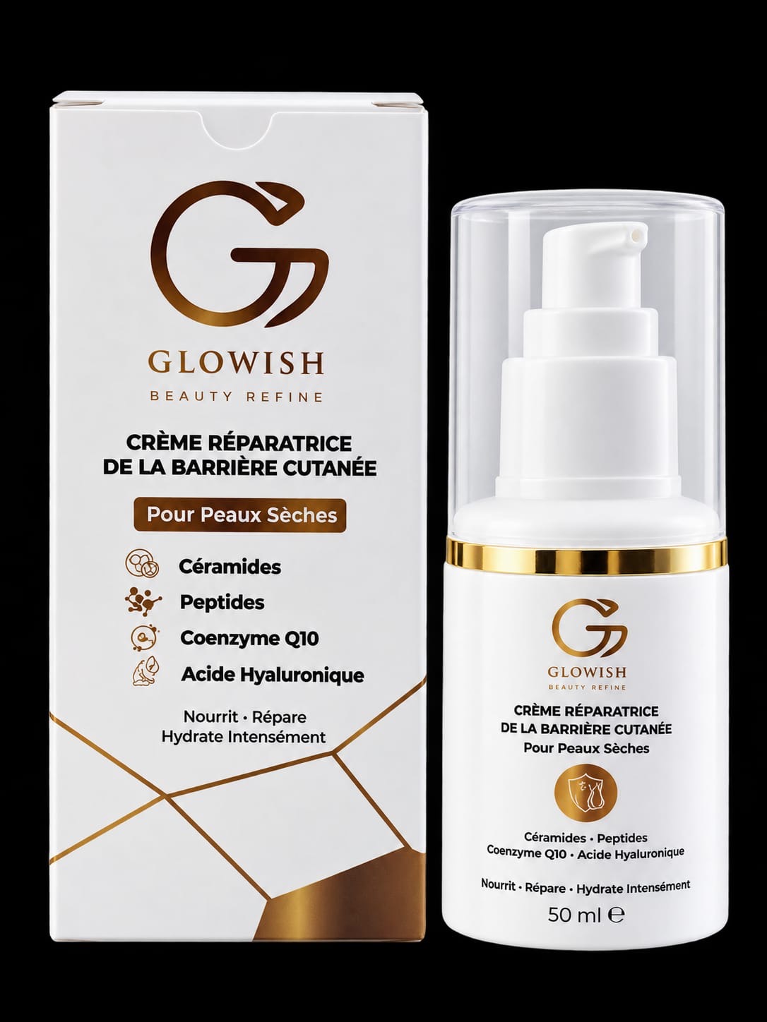 Glowish Skin Barrier Repair Cream, 50 ml, white and gold bottle and box