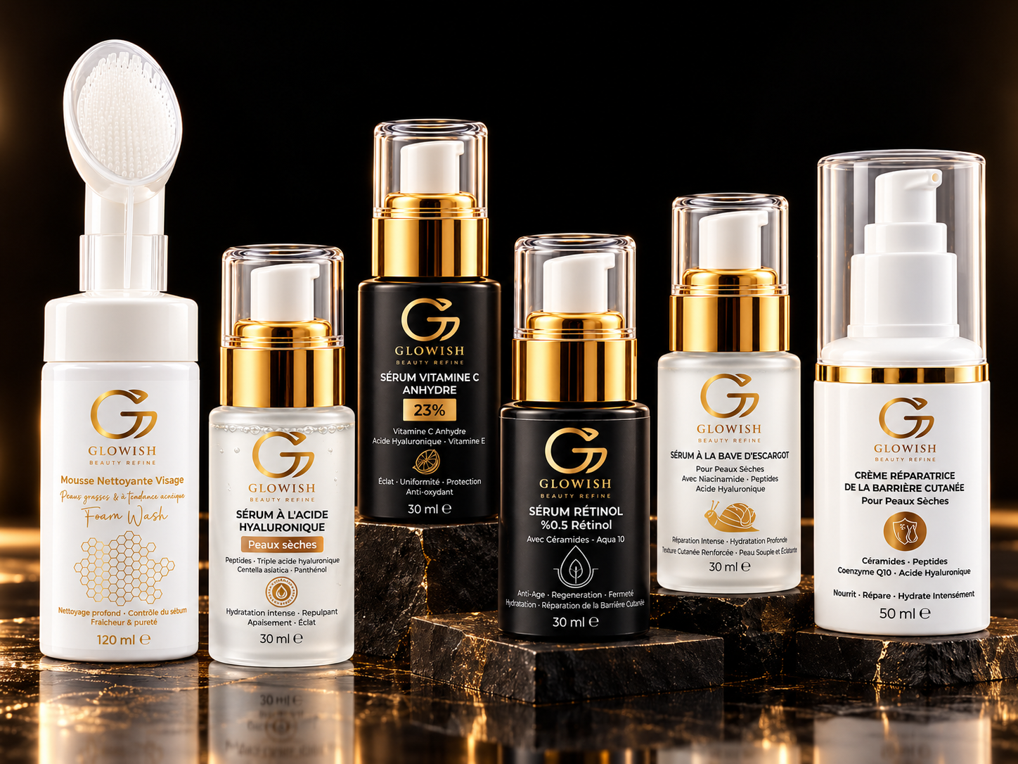 The six Glowish skincare products in white, black and gold packaging