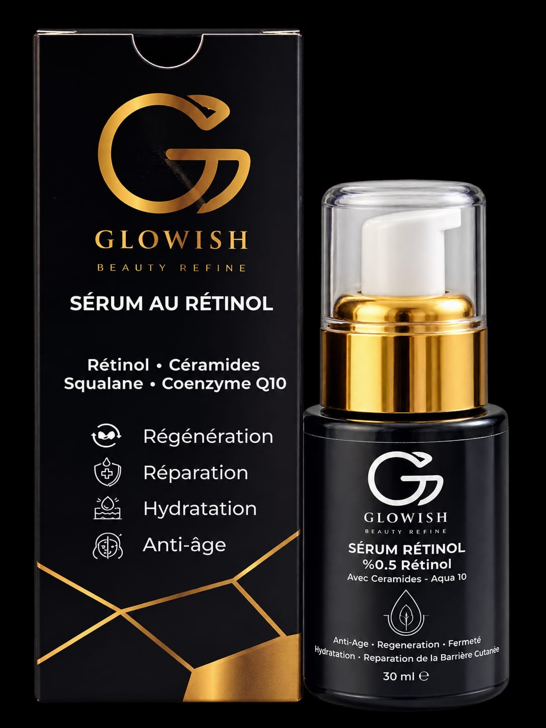 Glowish Retinol 0.5% serum, 30 ml, black and gold bottle and box
