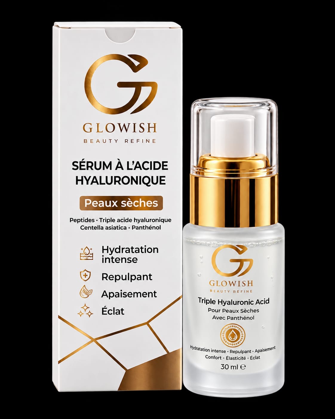 Glowish Triple Hyaluronic Acid serum, 30 ml, with its white and gold box