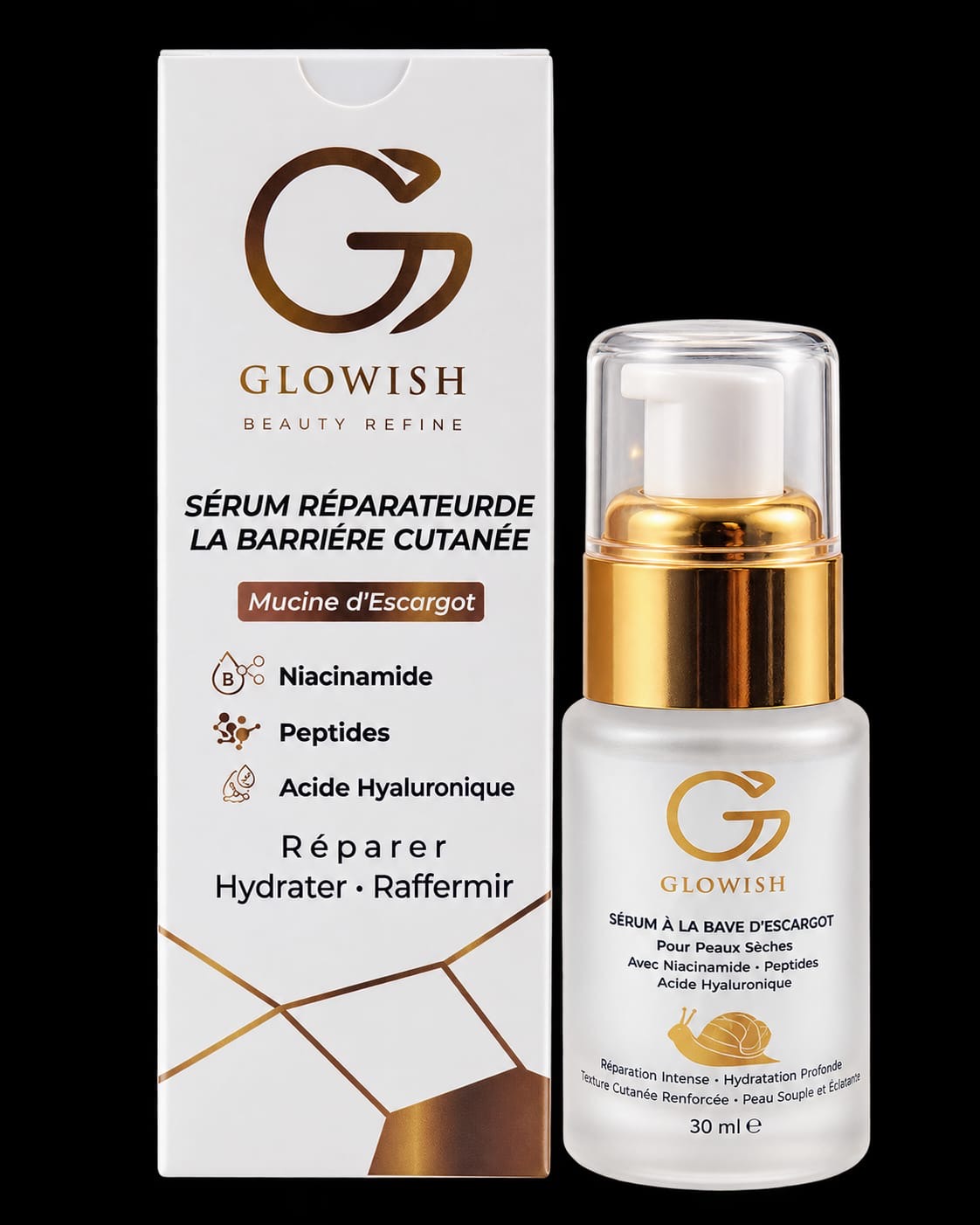Glowish Snail Mucin Barrier Support Serum, 30 ml, white and gold bottle and box