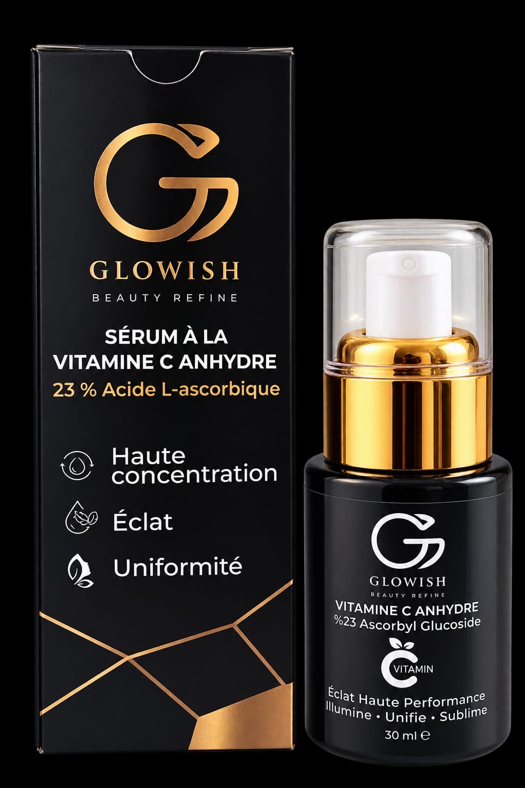 Glowish Vitamin C 23% serum, 30 ml, black and gold packaging